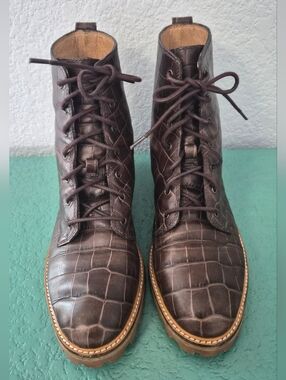 Madewell The Clair Lace-Up Boot in Croc Embossed Leather Chocolate 7.5